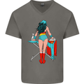 Ironing Superhero Funny Mens V-Neck Cotton T-Shirt Charcoal
