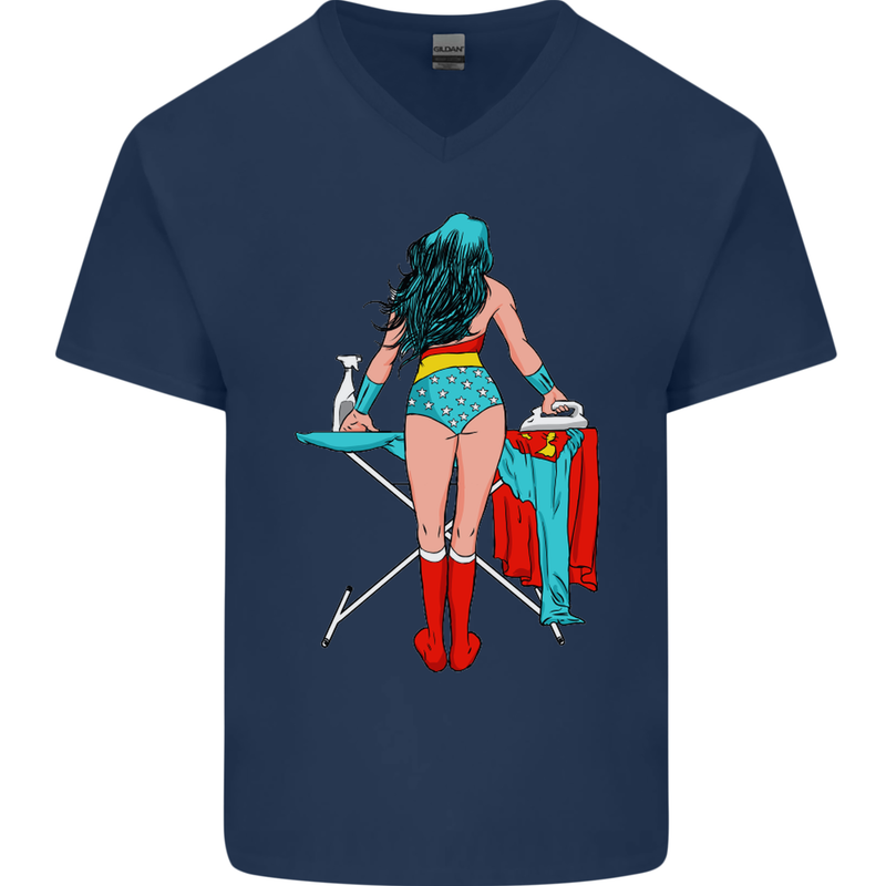Ironing Superhero Funny Mens V-Neck Cotton T-Shirt Navy Blue