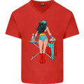 Ironing Superhero Funny Mens V-Neck Cotton T-Shirt Red