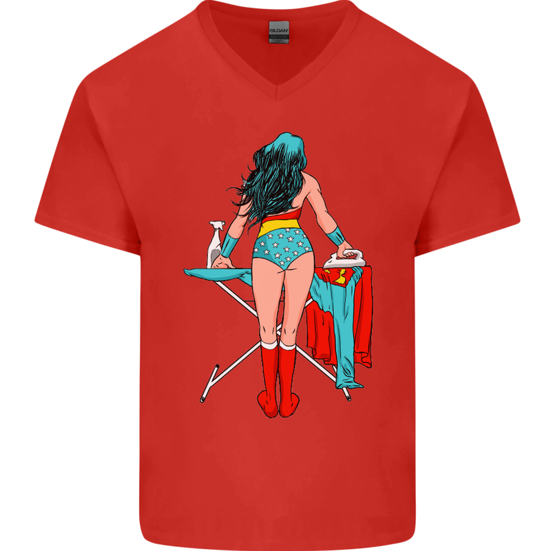 Ironing Superhero Funny Mens V-Neck Cotton T-Shirt Red