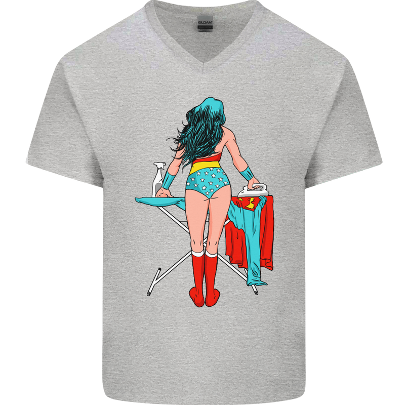 Ironing Superhero Funny Mens V-Neck Cotton T-Shirt Sports Grey