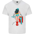Ironing Superhero Funny Mens V-Neck Cotton T-Shirt White