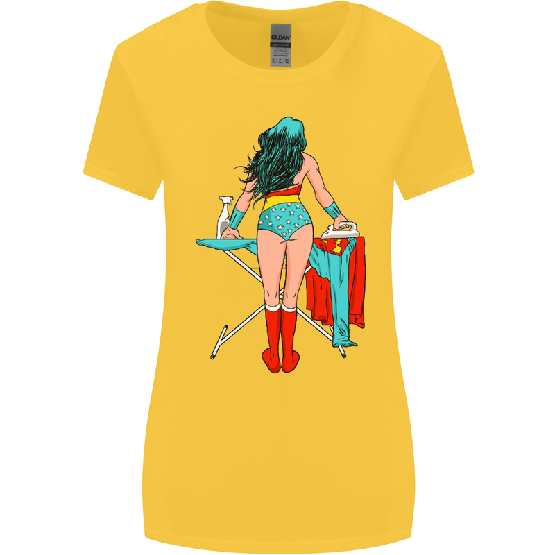 Ironing Superhero Funny Womens Wider Cut T-Shirt Yellow