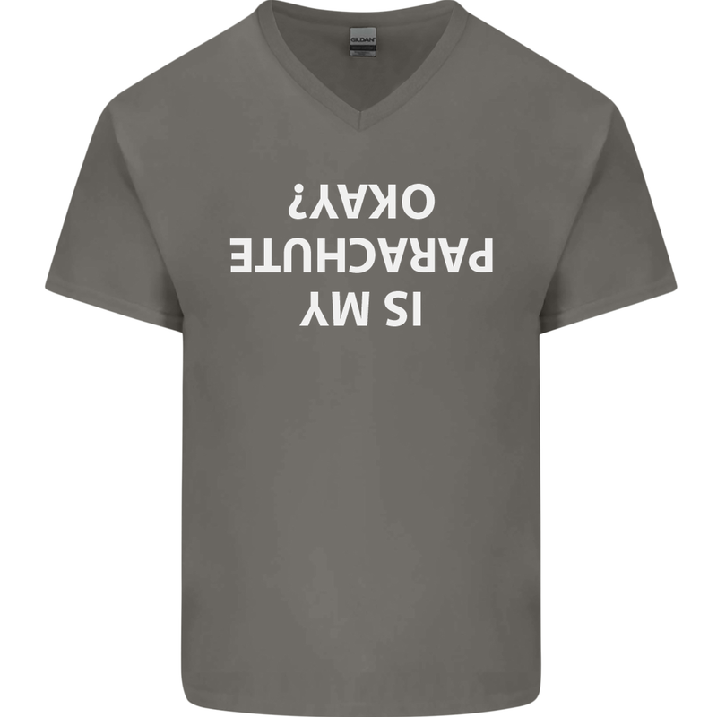 Is My Parachute Okay? Skydiving Para 1 2 3 Mens V-Neck Cotton T-Shirt Charcoal