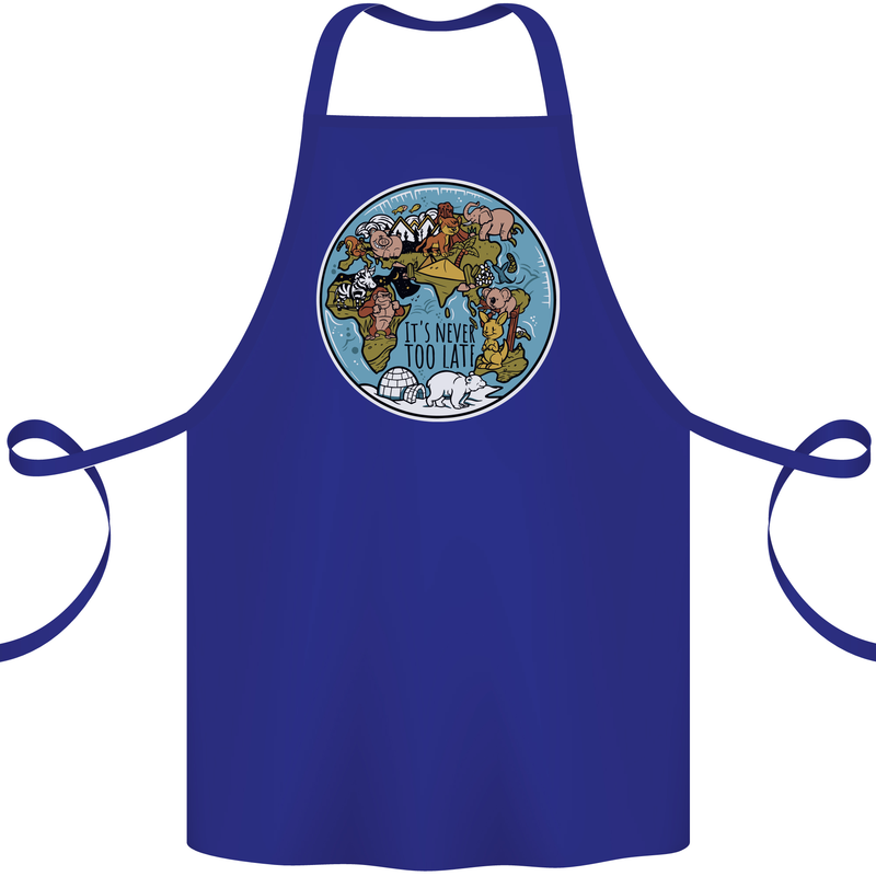 It's Never Too Late Climate Change Cotton Apron 100% Organic Royal Blue
