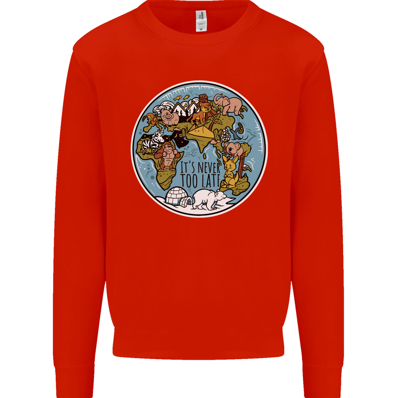 It's Never Too Late Climate Change Kids Sweatshirt Jumper Bright Red