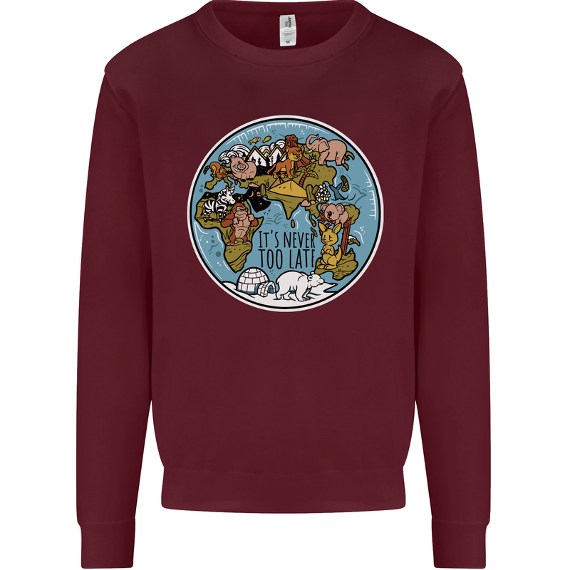 It's Never Too Late Climate Change Kids Sweatshirt Jumper Maroon