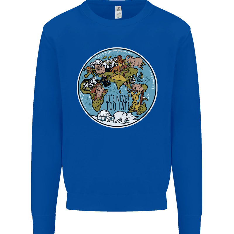 It's Never Too Late Climate Change Kids Sweatshirt Jumper Royal Blue
