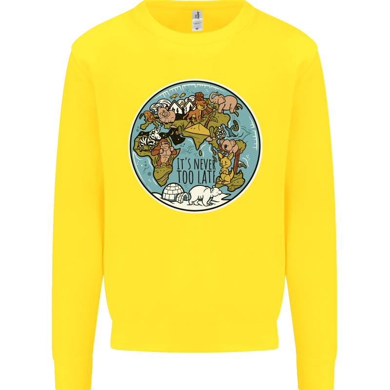 It's Never Too Late Climate Change Kids Sweatshirt Jumper Yellow