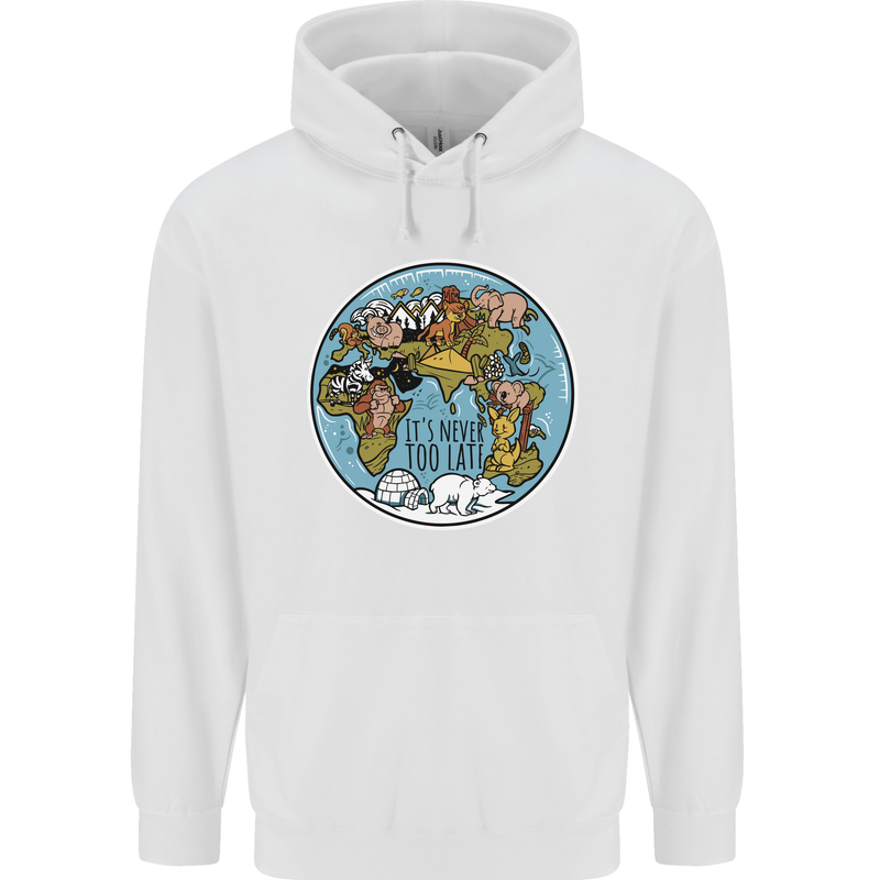 It's Never Too Late Climate Change Mens 80% Cotton Hoodie White
