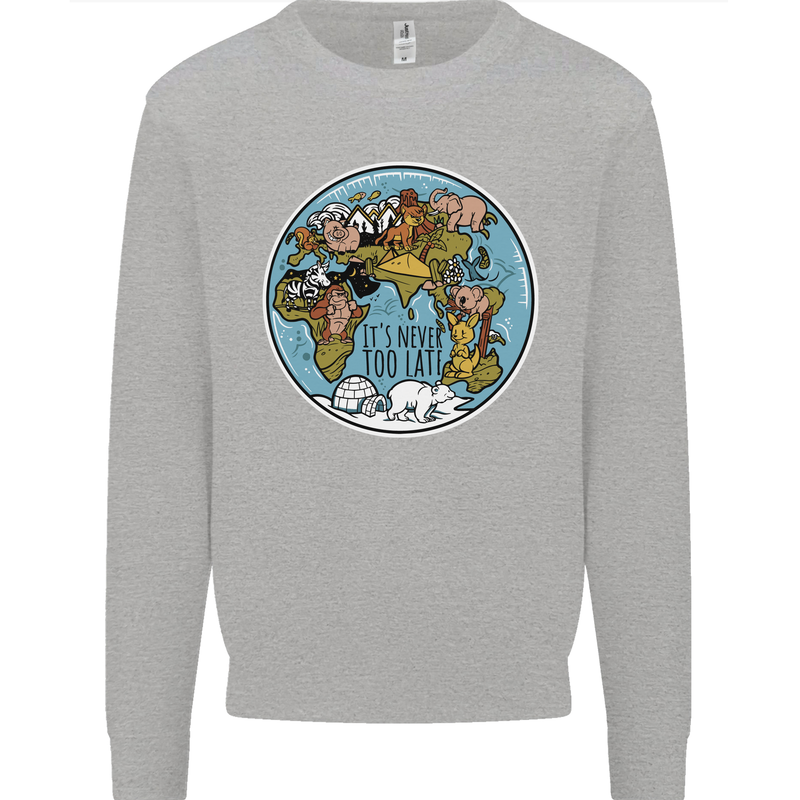 It's Never Too Late Climate Change Mens Sweatshirt Jumper Sports Grey