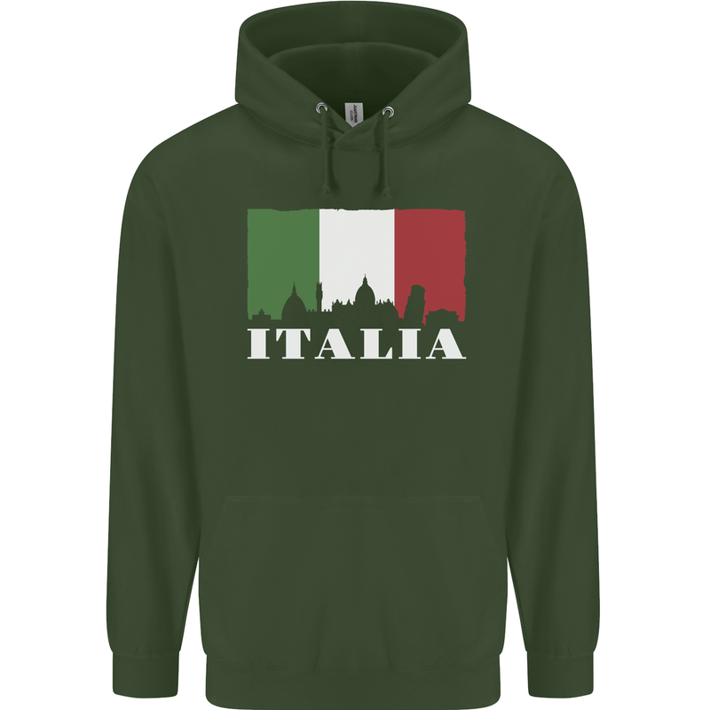 Italy Skyline Italian Flag Childrens Kids Hoodie Forest Green