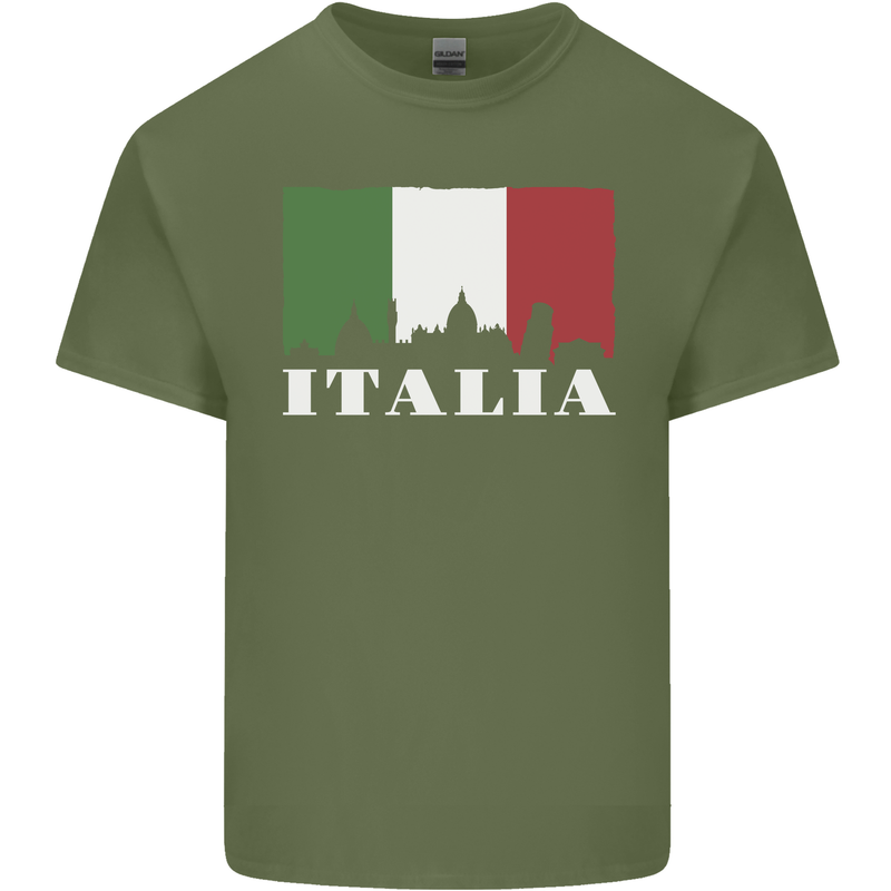 Italy Skyline Italian Flag Mens Cotton T-Shirt Tee Top Military Green