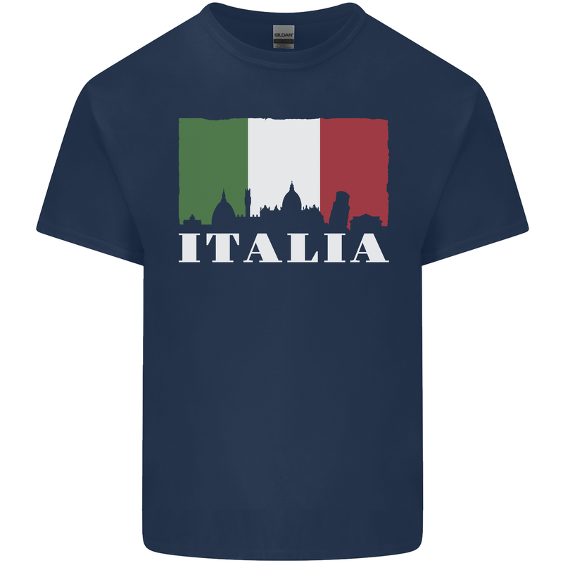 Italy Skyline Italian Flag Mens Cotton T-Shirt Tee Top Navy Blue