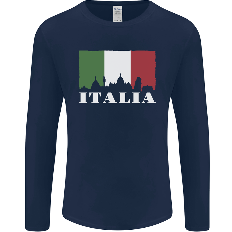 Italy Skyline Italian Flag Mens Long Sleeve T-Shirt Navy Blue
