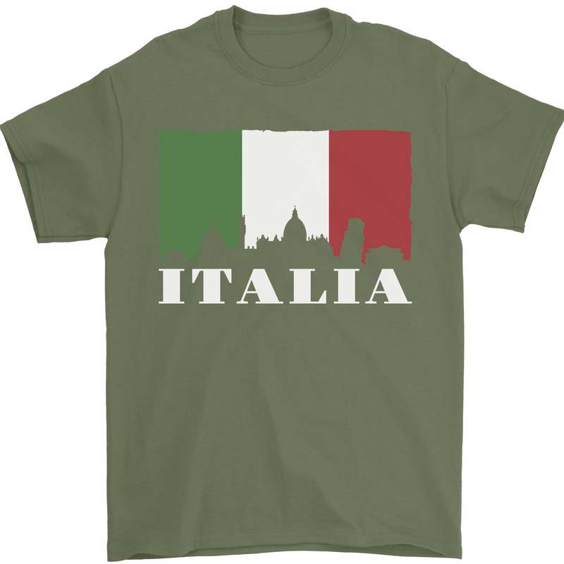 Italy Skyline Italian Flag Mens T-Shirt 100% Cotton Military Green