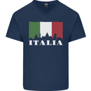 Italy Skyline Italian Flag Mens V-Neck Cotton T-Shirt Navy Blue