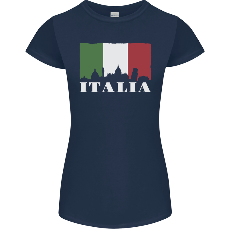 Italy Skyline Italian Flag Womens Petite Cut T-Shirt Navy Blue