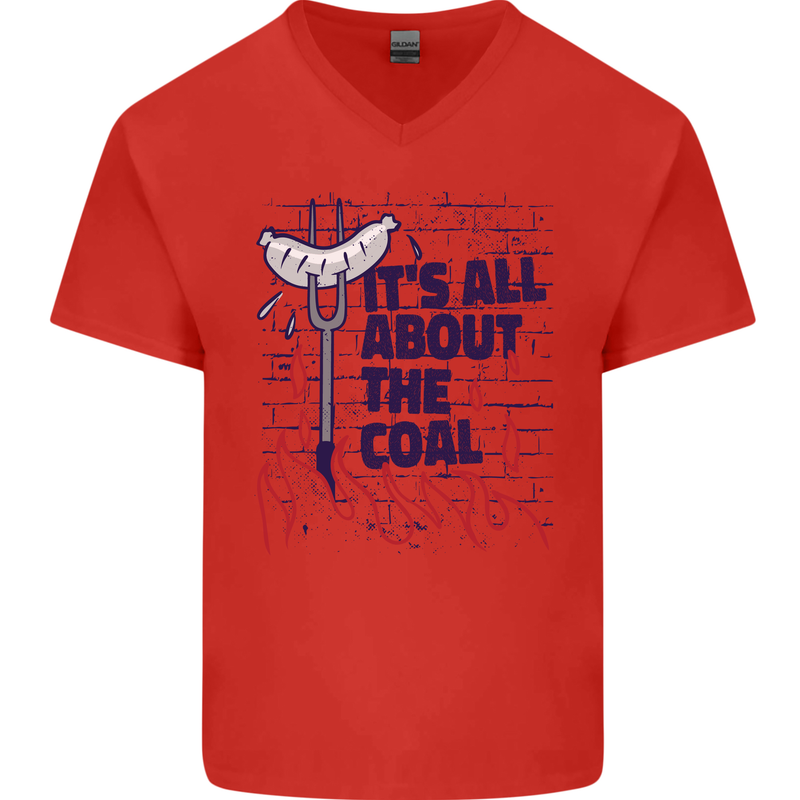 Its All About the Coal Funny BBQ Grill Mens V-Neck Cotton T-Shirt Red