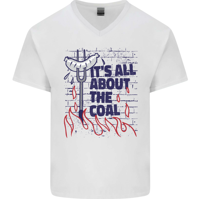 Its All About the Coal Funny BBQ Grill Mens V-Neck Cotton T-Shirt White