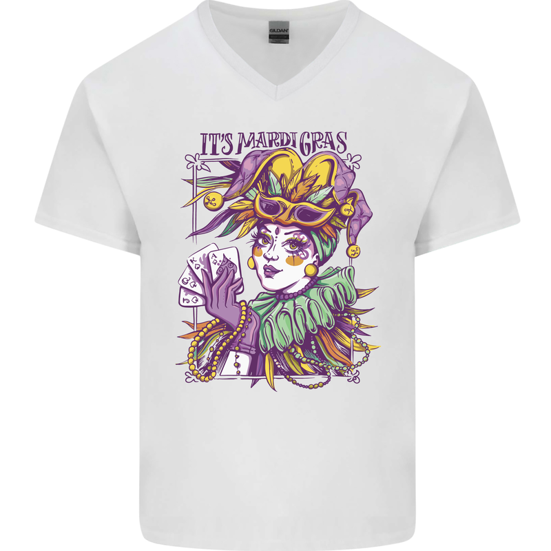 Its Mardi Gras Carnival Mens V-Neck Cotton T-Shirt White