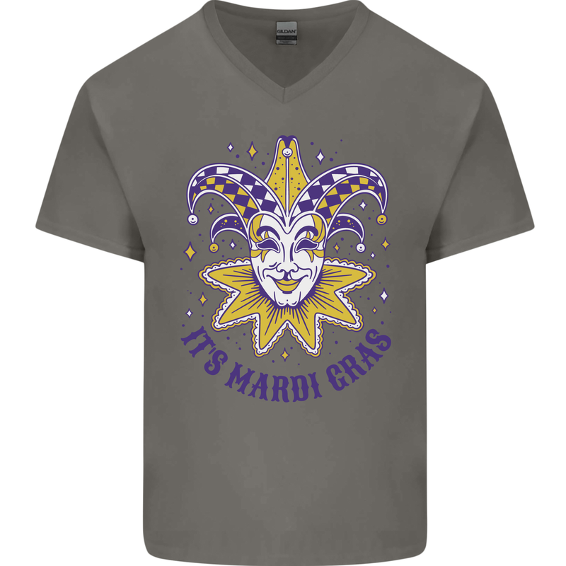 Its Mardi Gras Mens V-Neck Cotton T-Shirt Charcoal