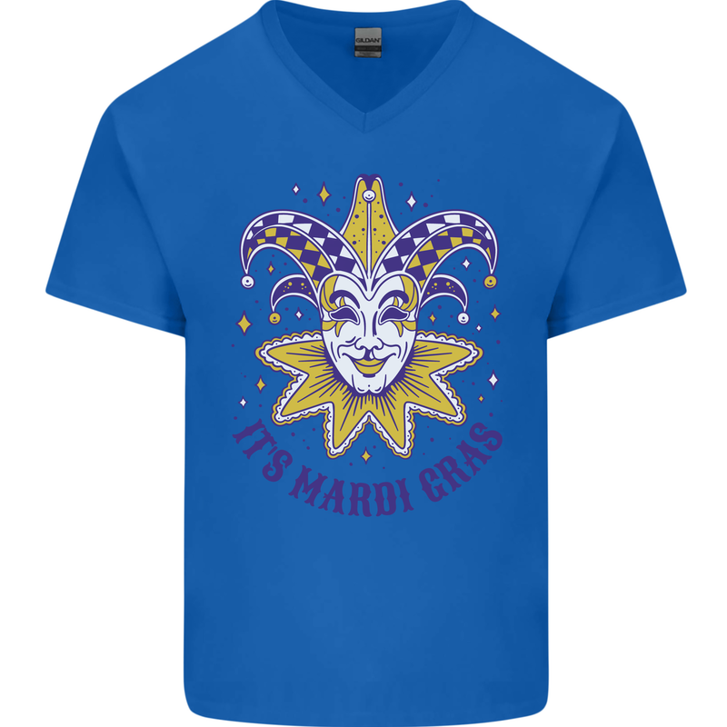 Its Mardi Gras Mens V-Neck Cotton T-Shirt Royal Blue