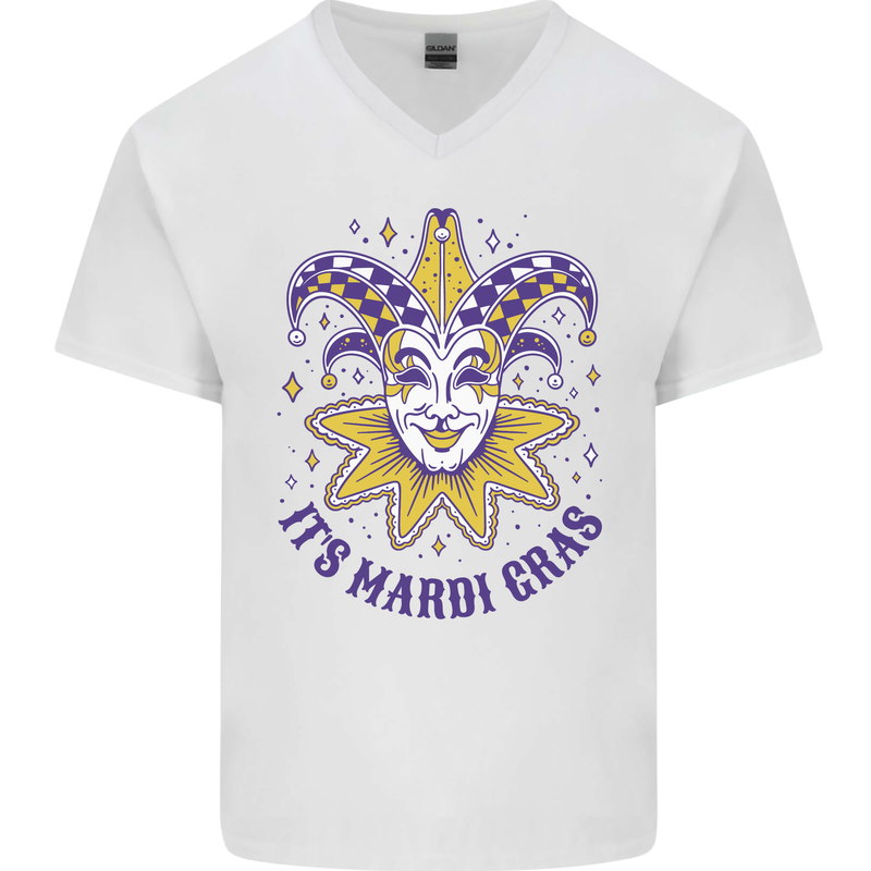 Its Mardi Gras Mens V-Neck Cotton T-Shirt White