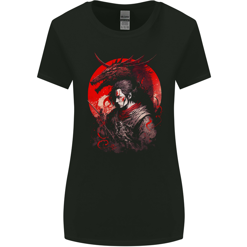 Japanese Dragon Warrior Samurai Ronin Womens Wider Cut T-Shirt Black