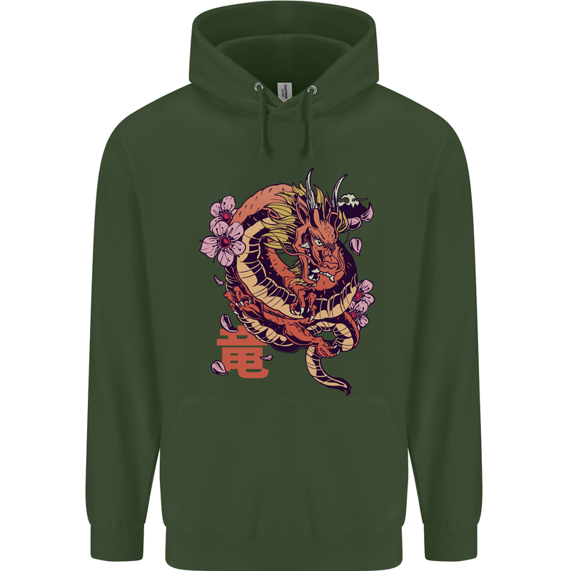 Japanese Fantasy Dragon Childrens Kids Hoodie Forest Green