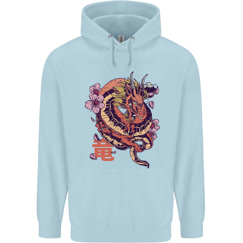 Japanese Fantasy Dragon Childrens Kids Hoodie Light Blue