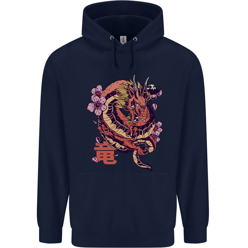 Japanese Fantasy Dragon Childrens Kids Hoodie Navy Blue