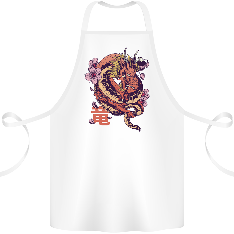 Japanese Fantasy Dragon Cotton Apron 100% Organic White