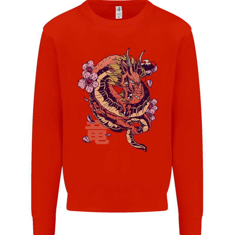 Japanese Fantasy Dragon Kids Sweatshirt Jumper Bright Red