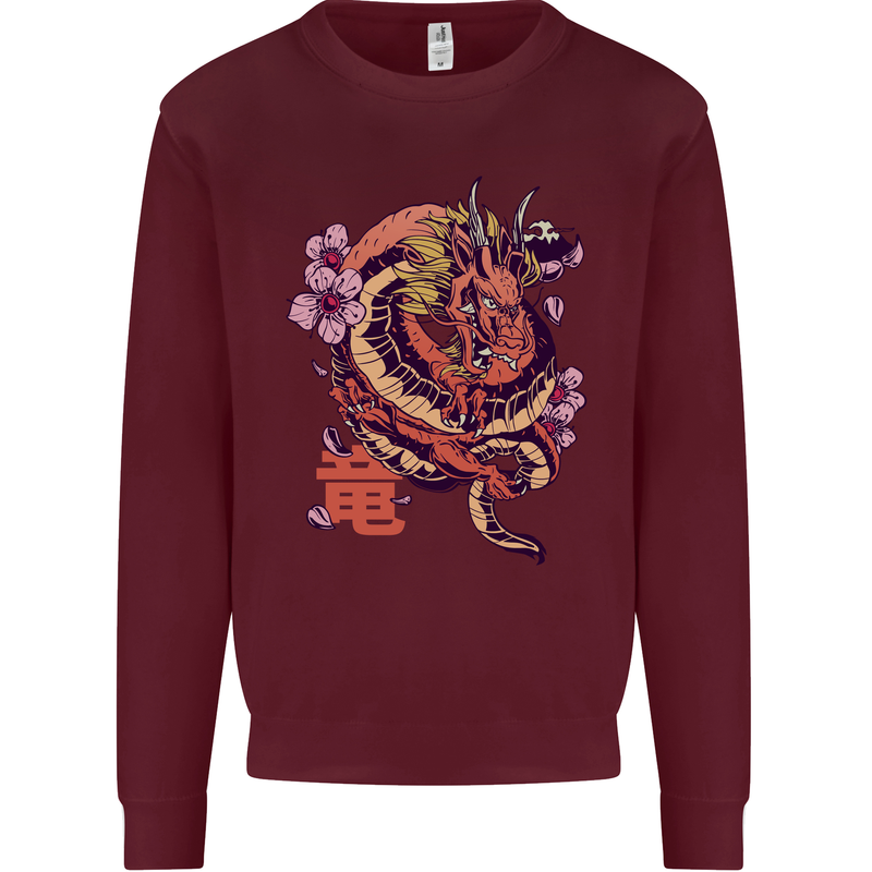 Japanese Fantasy Dragon Kids Sweatshirt Jumper Maroon