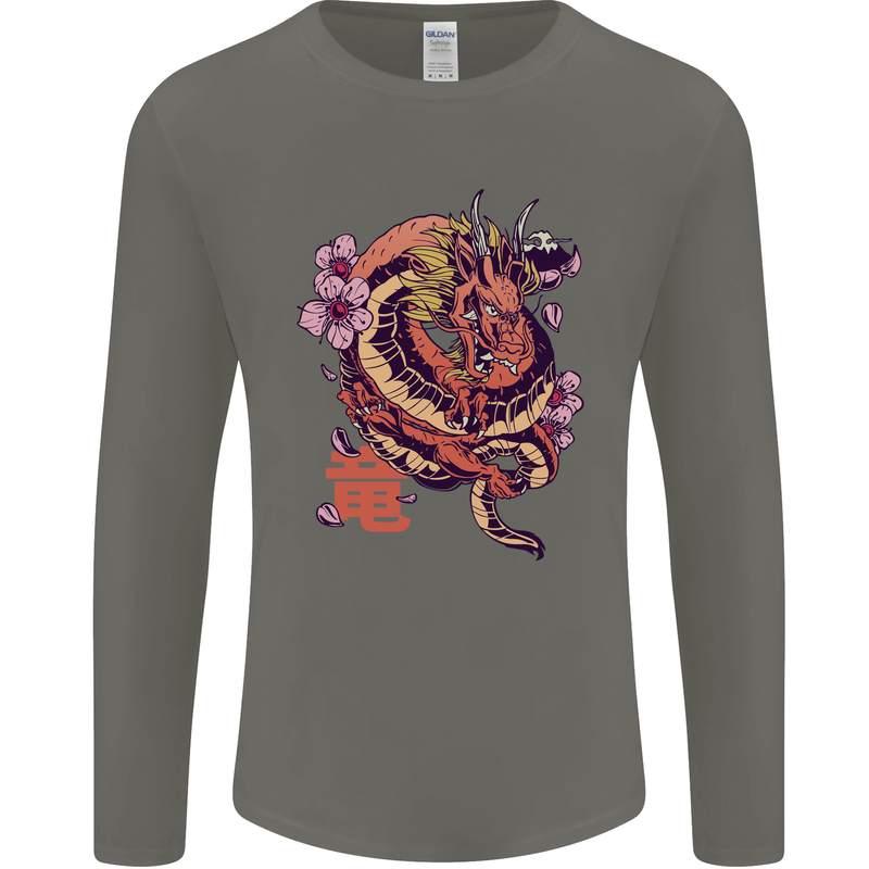Japanese Fantasy Dragon Mens Long Sleeve T-Shirt Charcoal