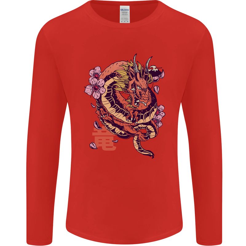 Japanese Fantasy Dragon Mens Long Sleeve T-Shirt Red
