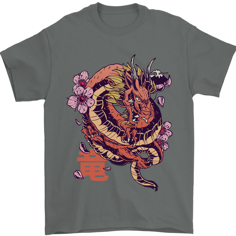 Japanese Fantasy Dragon Mens T-Shirt 100% Cotton Charcoal