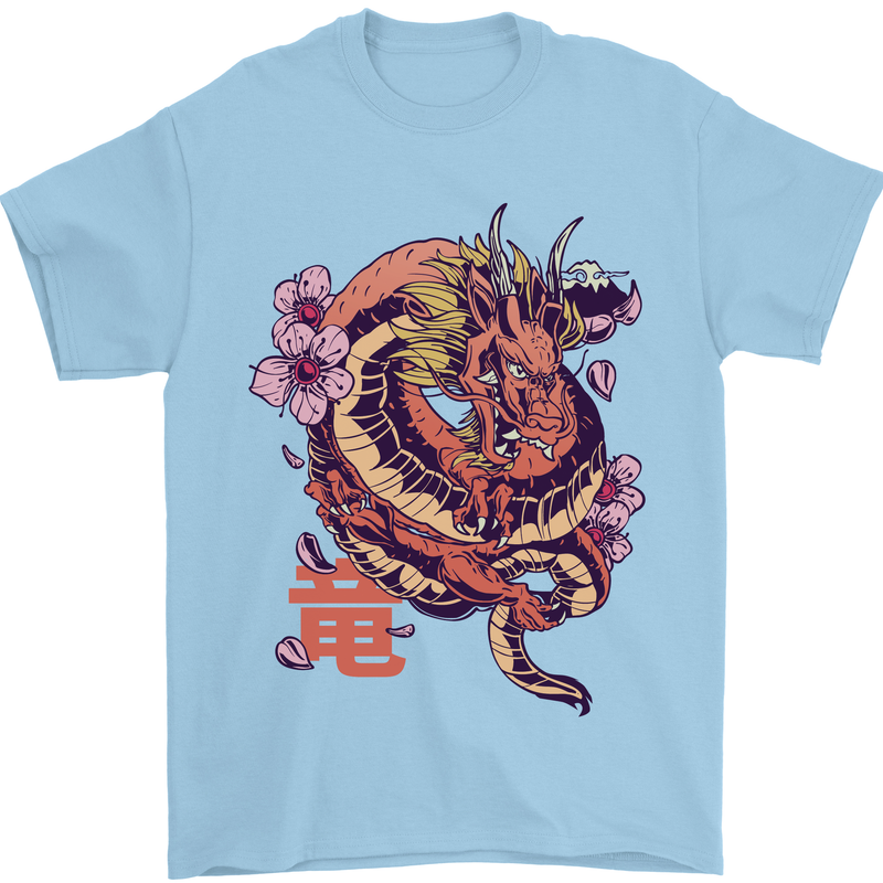 Japanese Fantasy Dragon Mens T-Shirt 100% Cotton Light Blue