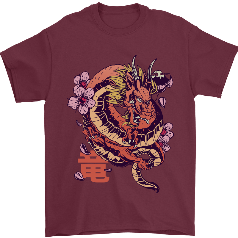 Japanese Fantasy Dragon Mens T-Shirt 100% Cotton Maroon