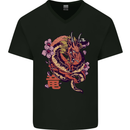Japanese Fantasy Dragon Mens V-Neck Cotton T-Shirt Black