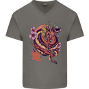 Japanese Fantasy Dragon Mens V-Neck Cotton T-Shirt Charcoal