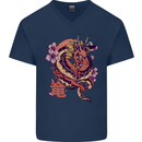 Japanese Fantasy Dragon Mens V-Neck Cotton T-Shirt Navy Blue