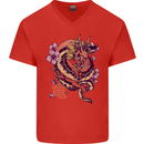 Japanese Fantasy Dragon Mens V-Neck Cotton T-Shirt Red