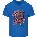 Japanese Fantasy Dragon Mens V-Neck Cotton T-Shirt Royal Blue