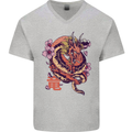 Japanese Fantasy Dragon Mens V-Neck Cotton T-Shirt Sports Grey