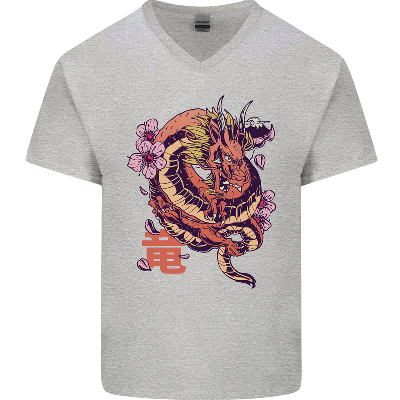 Japanese Fantasy Dragon Mens V-Neck Cotton T-Shirt Sports Grey