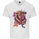 Japanese Fantasy Dragon Mens V-Neck Cotton T-Shirt White