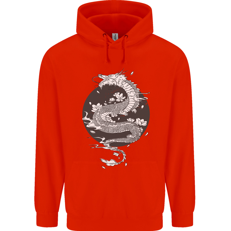 Japanese Fantasy Dragon Sun Background Childrens Kids Hoodie Bright Red