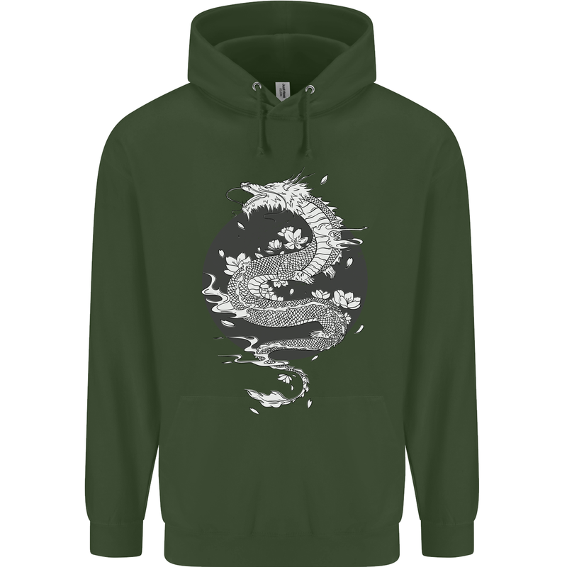 Japanese Fantasy Dragon Sun Background Childrens Kids Hoodie Forest Green
